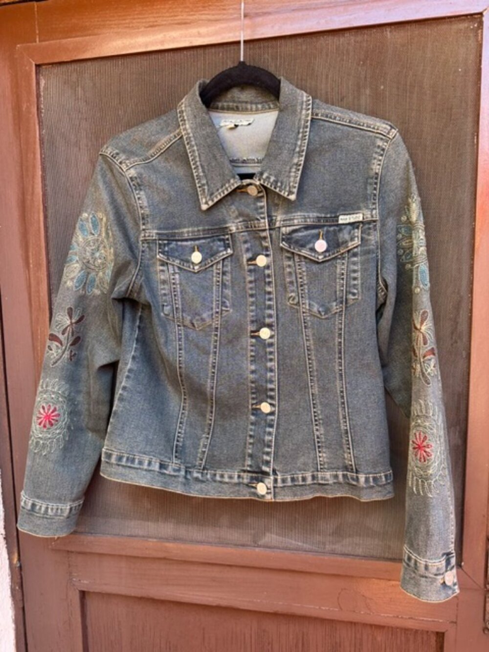 Vintage Max Studio Denim Jacket  Embroidered Floral Patterns on Sleeves & Back -